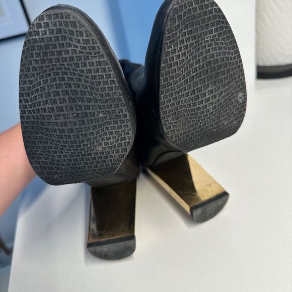 Stuart Weitzman Black Leather Ankle Booties with Lucite & Gold Block Heel Size 9 - Picture 10 of 14